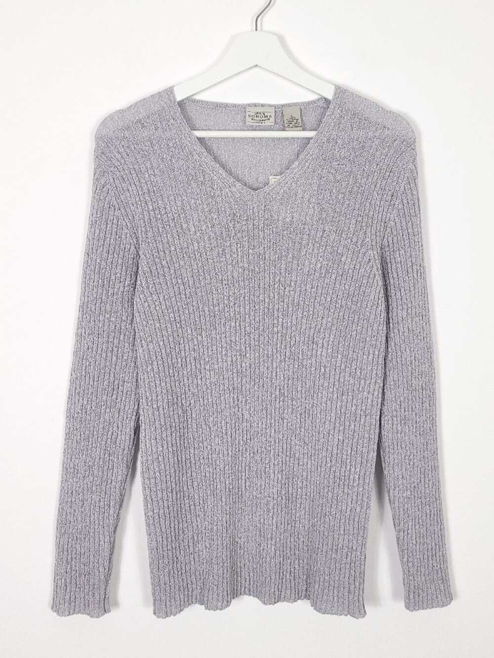 Vintage Ribbed Grey V Neck Sweater Made in Hong Kong